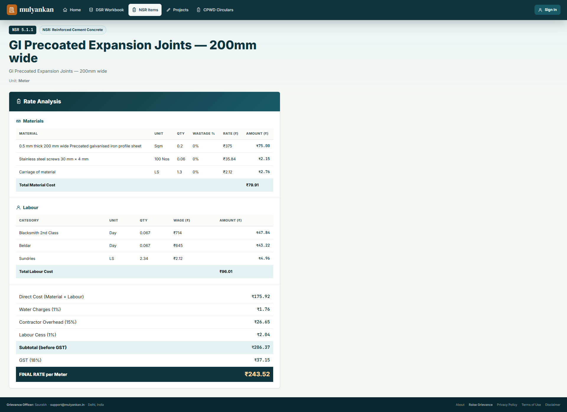 NSR items in Mulyankan showing code, description, unit and computed rate